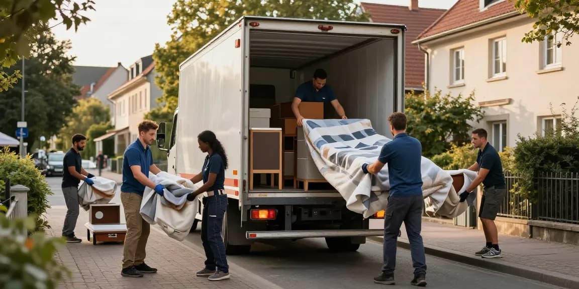 Umzugsunternehmen Schwetzingen: Professionelles Team beim Umzug, Möbel sicher verpackt auf der Straße.