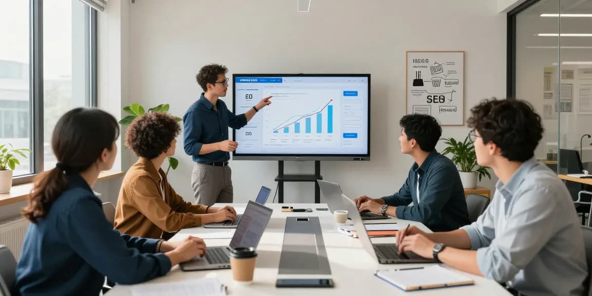 SEO Berater, der mit einem Team in einem modernen Büro berät, zeigt Datenanalyse und kollaborative Energie.