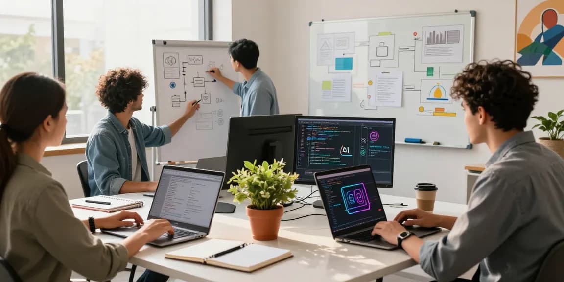 Collaborative team building internal tools with AI in a vibrant office workspace.