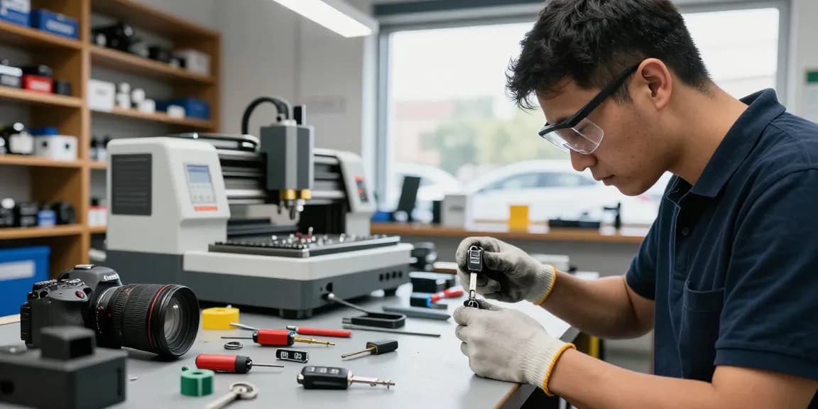Funkschlüssel Reparatur mit Präzisionswerkzeugen in einer Kfz-Werkstatt für individuelle Fahrzeugschlösser