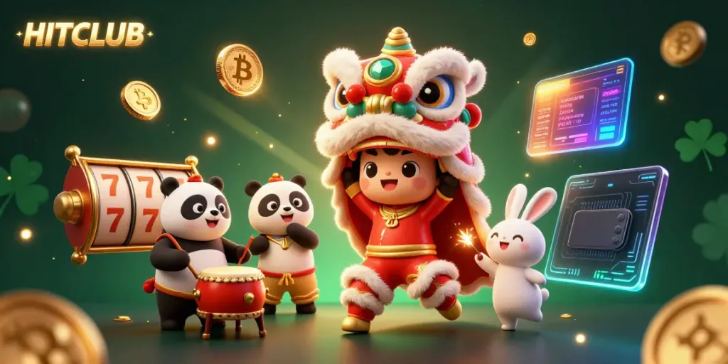 Engage in thrilling gameplay with HITCLUB, where animated characters celebrate luck and fortune.