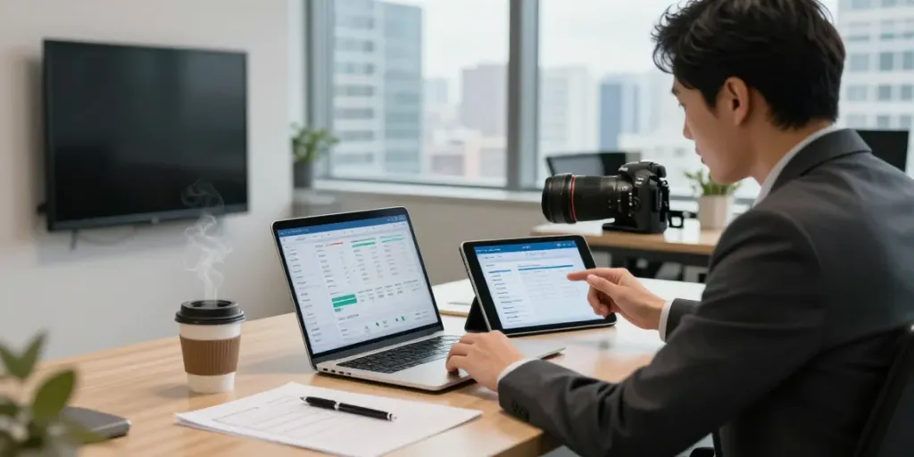 El análisis de datos de netcash en un entorno profesional moderno, con documentos y tabletas.