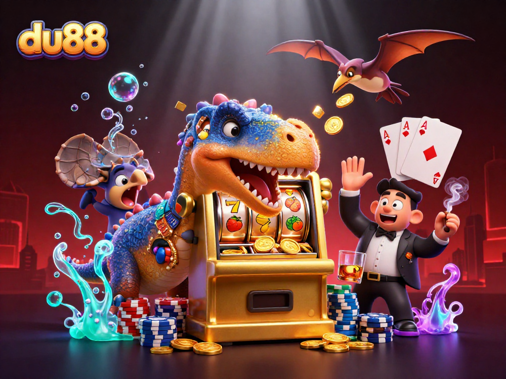 du88 slots come alive as dinosaurs celebrate jackpot wins in a vibrant casino scene