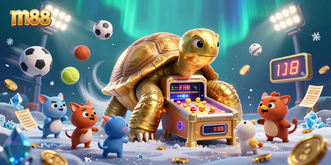 Engage with m88's vibrant online gaming experience featuring a golden tortoise pinball machine and dynamic sports elements.