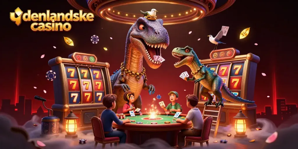 Play exciting games at udenlandske casino, featuring vibrant casino elements and lively characters.