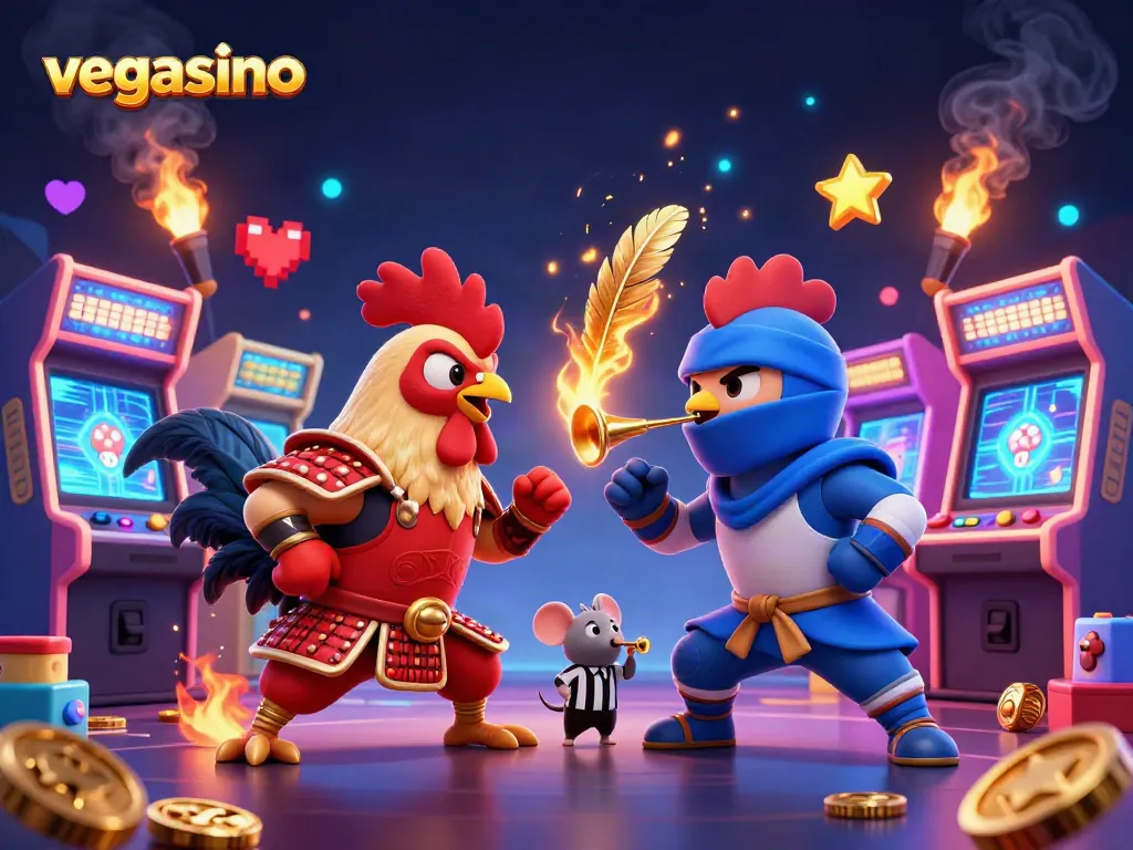 Engage in thrilling action at vegasino, showcasing fierce roosters and gaming excitement amidst shimmering arcade elements.