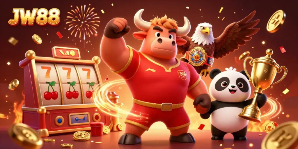 Experience winning strategies at JW88 with 3D slot reels, gold coins, and celebration effects around dynamic characters.