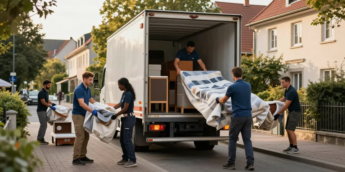 Umzugsunternehmen Schwetzingen: Professionelles Team beim Umzug, Möbel sicher verpackt auf der Straße.