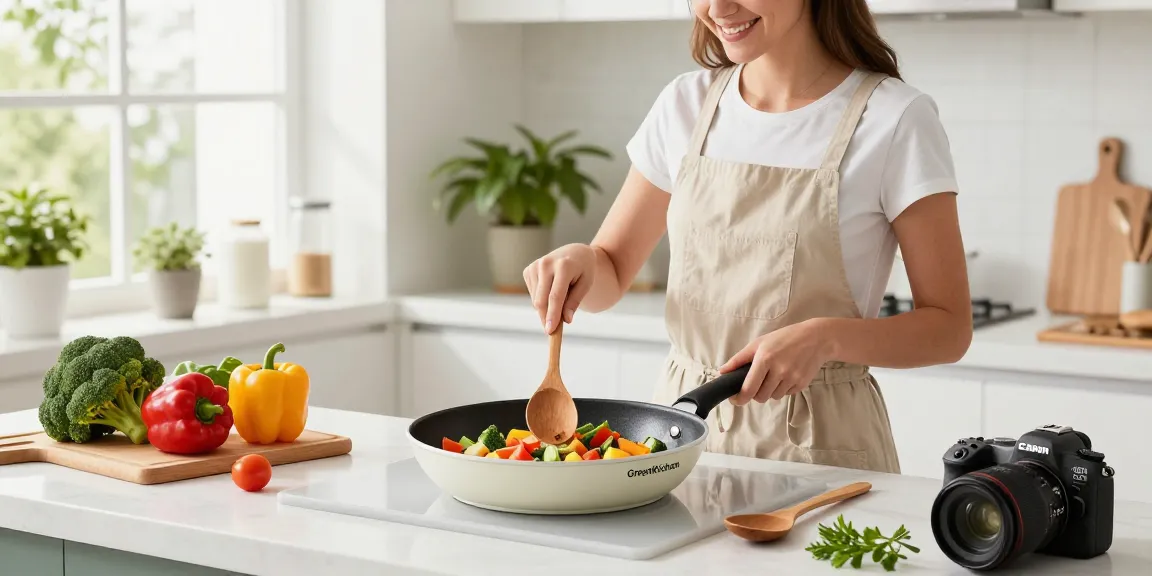 Kochen mit einer PTFE freien Pfanne in einer hellen Küche, die gesunde Gemüse und Keramiktöpfe zeigt.