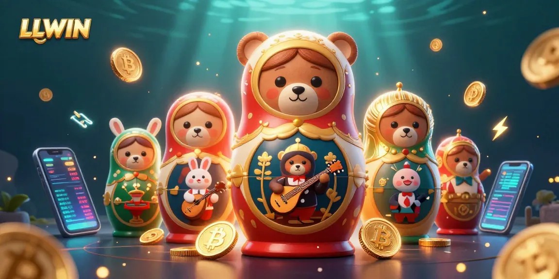 LLWIN showcases a vibrant 3D casino scene featuring playful characters and cryptocurrency elements.