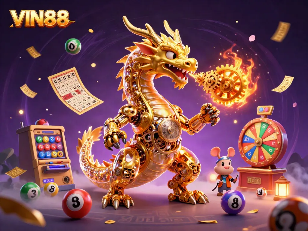 Experience the magic of VIN88 with a dynamic 3D illustration of a biomechanical dragon breathing gears amidst enchanted lottery elements.