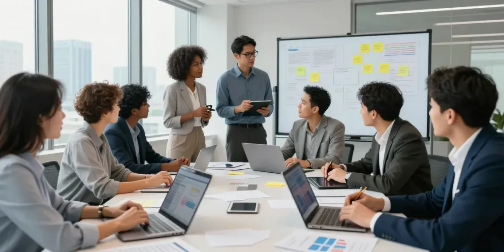 A equipe discutindo estratégias financeiras no BPI Net Empresas em um ambiente moderno.