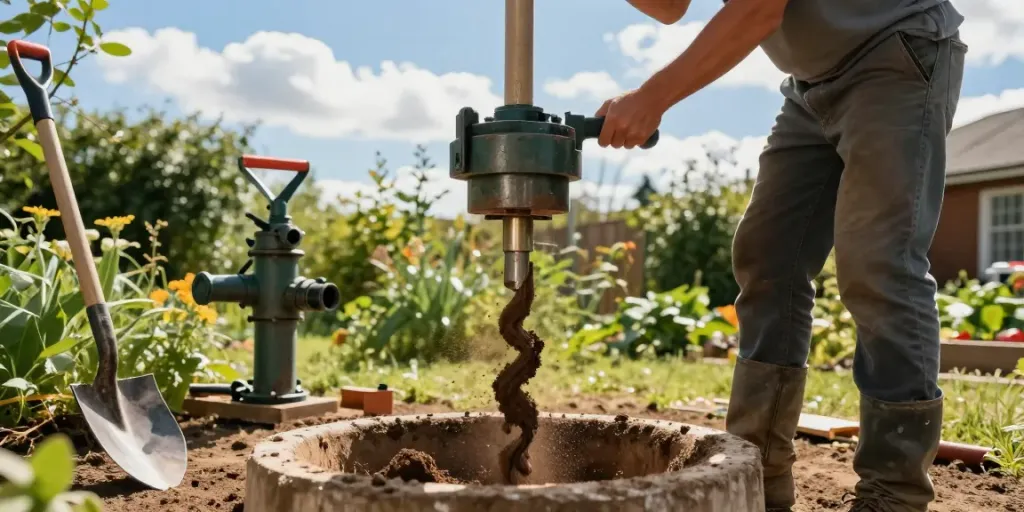 Arbeiter nutzt einen Brunnenbohrer, um einen Gartenbrunnen zu bohren, umgeben von Werkzeugen wie Schaufel und Wasserpumpe.