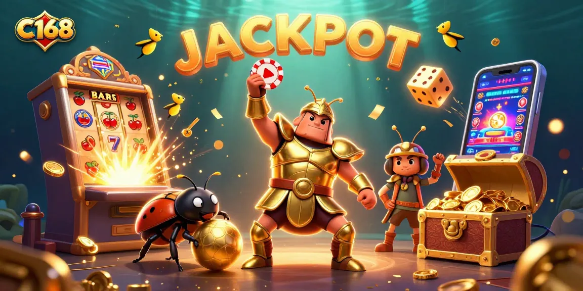 C168 jackpot celebration with cartoon beetles, slot machines, and treasure elements in a vibrant casino scene