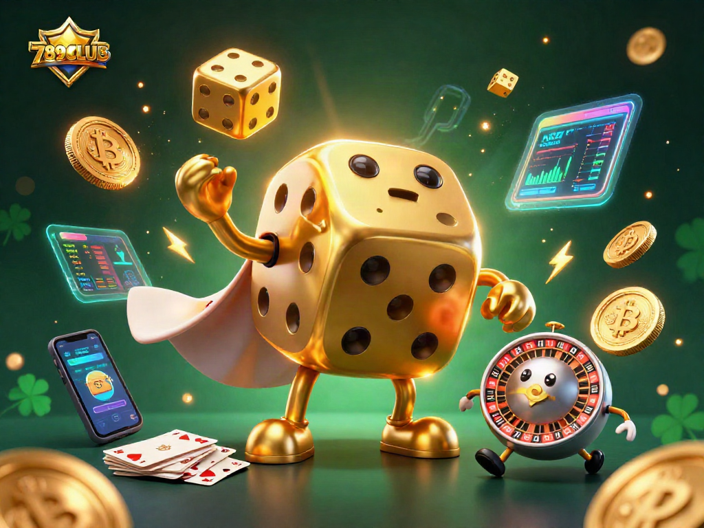 Experience thrilling games with 789CLUB's dynamic casino scene featuring golden dice and crypto elements.