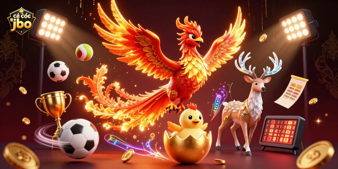 Engage in cá cược jbo with dynamic action and vibrant casino imagery highlighted by triumphant phoenix.