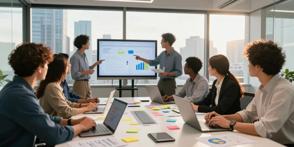 E.T.K Personalberatung GmbH Teamarbeit in modernem Büro mit Präsentation und Brainstorming-Sitzung