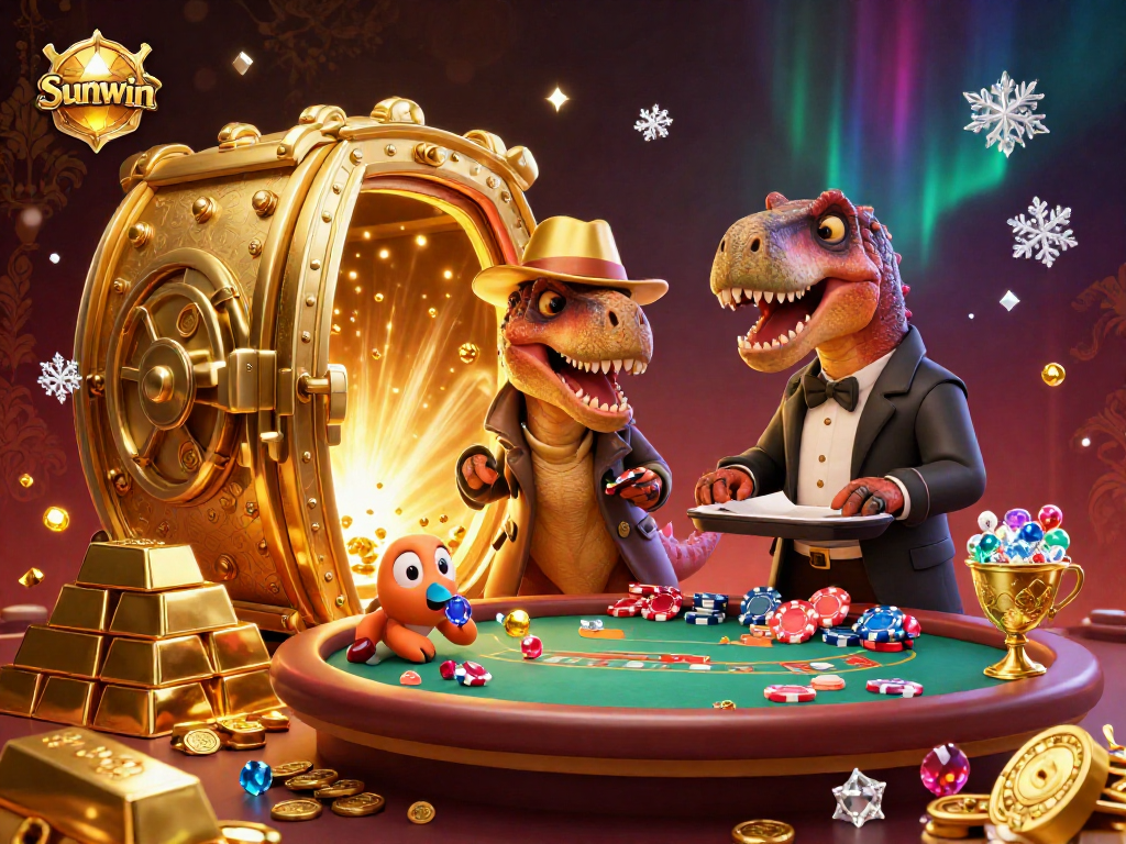Sunwin casino illustration showcasing a velociraptor card counter, stegosaurus pit boss, and a compy pickpocket in an engaging dynamic scene.