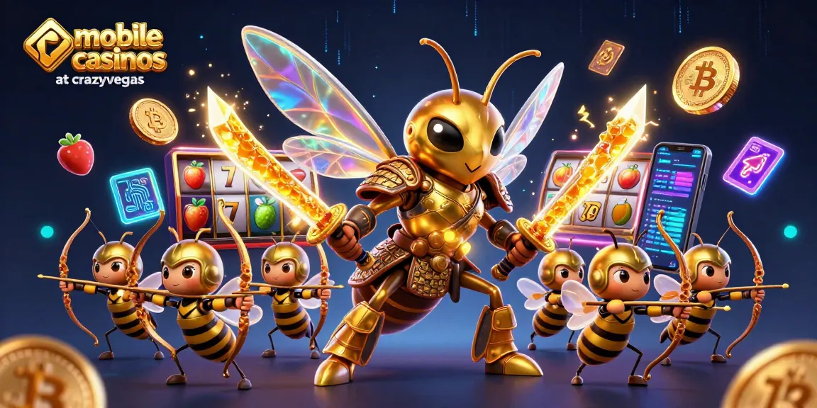 Engage with mobile casinos at crazyvegas featuring a golden hornet samurai amidst dynamic slot elements and cryptocurrencies.