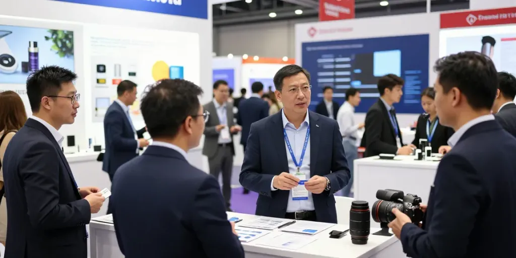 Exhibitors interacting with attendees at a busy trade show highlighting Aussteller.