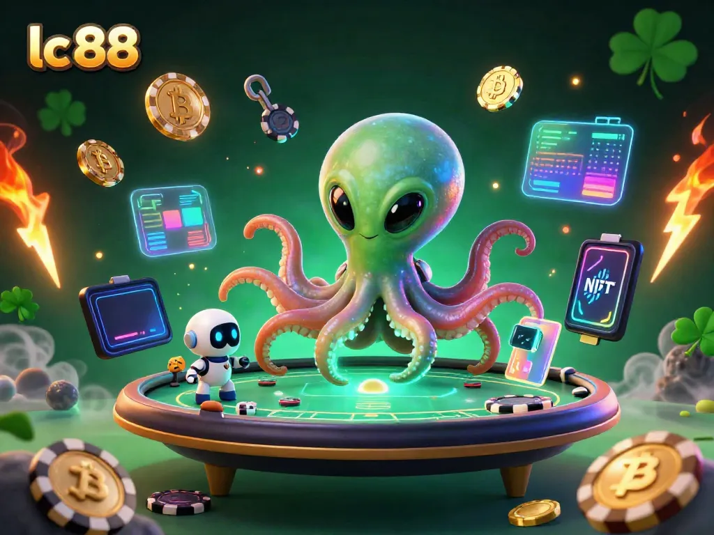 Experience the vibrant lc 88 casino scene with an alien octopus and robot at a holographic poker table.