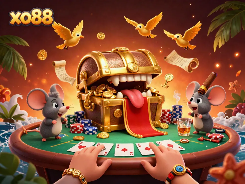 Experience vibrant gaming excitement with xo88's treasure chest and poker elements in a stunning illustration.