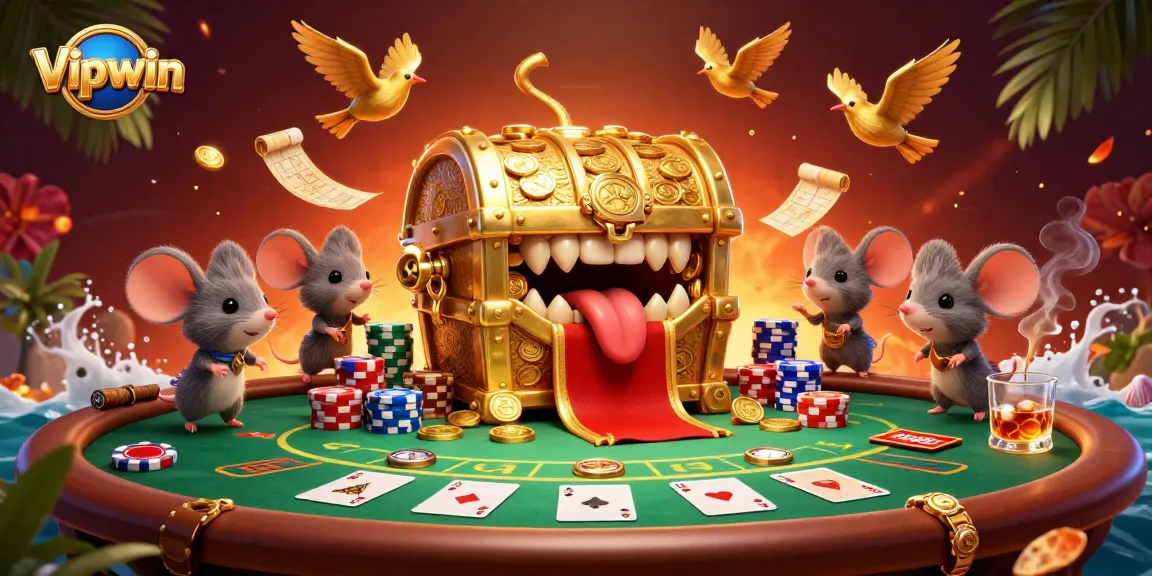Engage in thrilling poker at Vipwin with vibrant elements and a dynamic treasure chest scene.