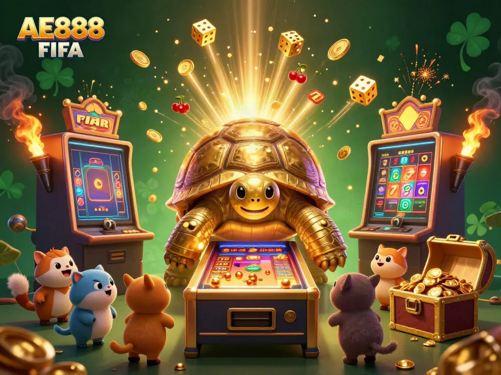 Experience the excitement of AE888 FIFA with golden tortoise pinball and surrounded by vibrant casino elements.