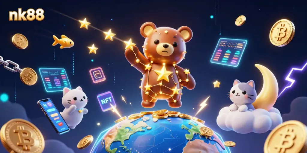 Play thrilling games at nk88, where a constellation bear scoops coins amidst vibrant casino elements.