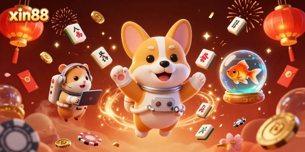 Experience the thrilling xin88 casino atmosphere with a playful astronaut corgi in a vibrant space station.