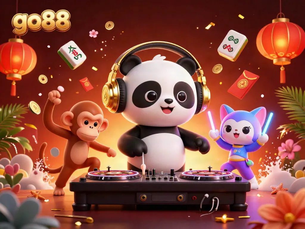 Experience the thrill of go88 with a 3D illustration of a DJ panda, breakdancing monkey, and rave kitten in a vibrant casino atmosphere.