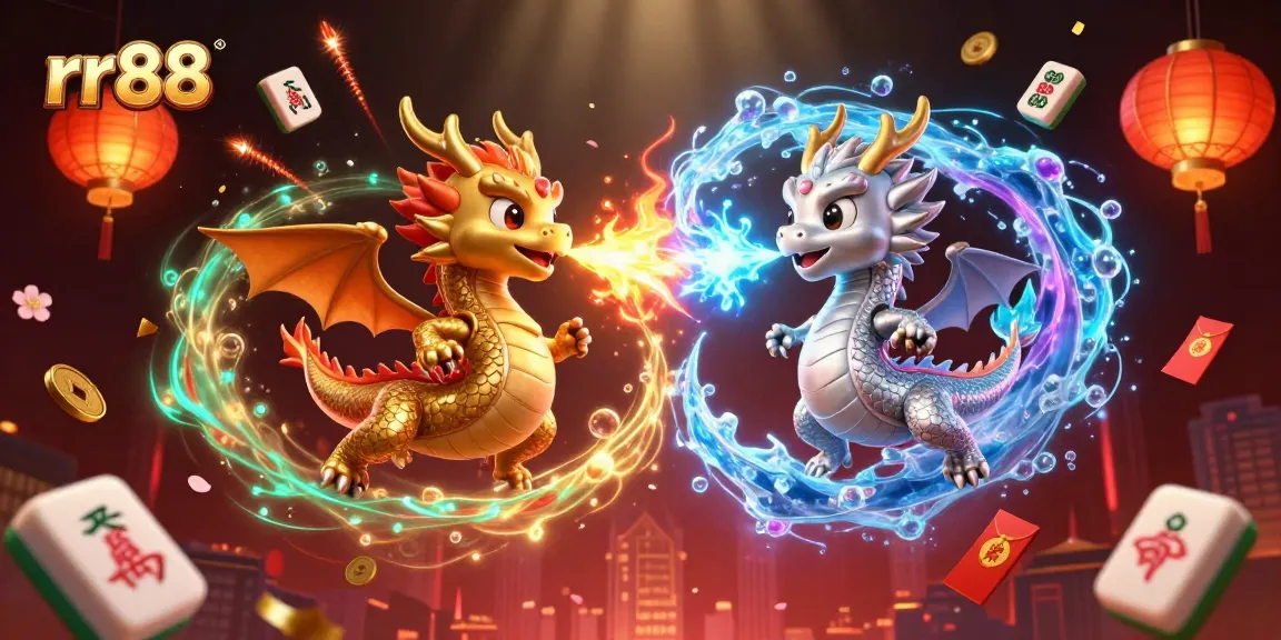 Experience the excitement of RR88 with twin dragons battling in a casino-themed scene filled with vibrant symbols.