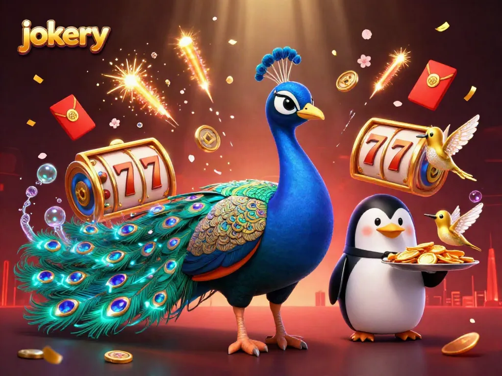 Play slots at jokery Casino, featuring a vibrant peacock and golden chips in a dynamic scene.