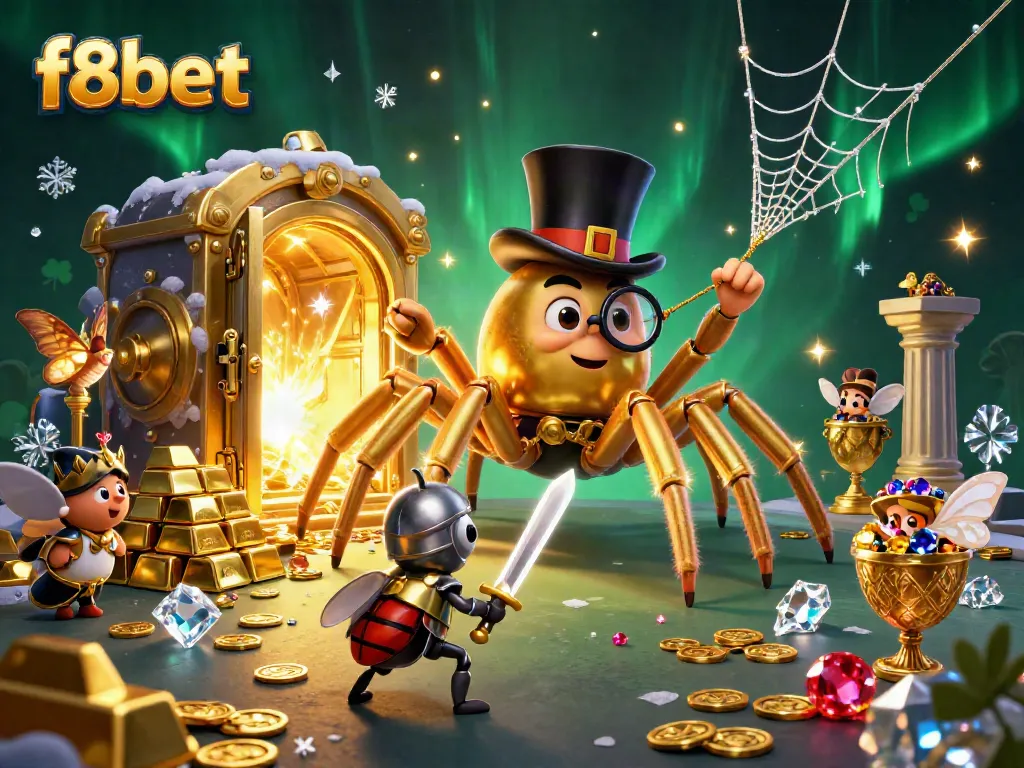 Experience the thrill of f8bet with playful characters amidst golden treasures in a vibrant casino scene.