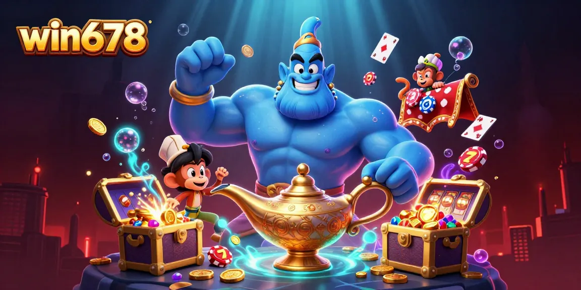 Win678 genie emerging from a lamp surrounded by slots and poker elements in a vibrant casino scene