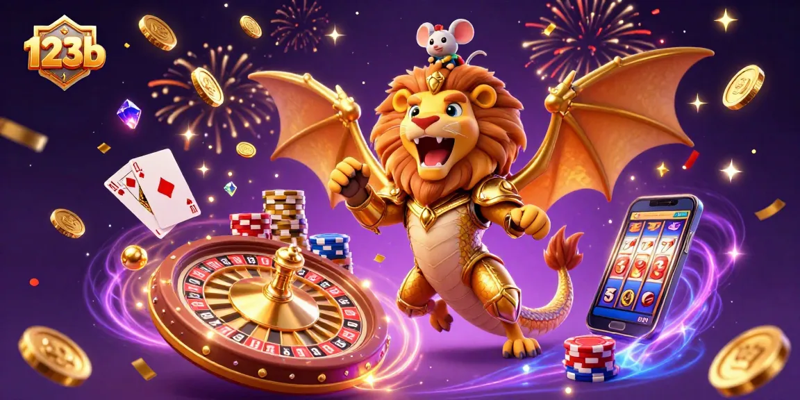 Win big with 123b in this vibrant casino scene featuring a golden chimera and exciting game elements.