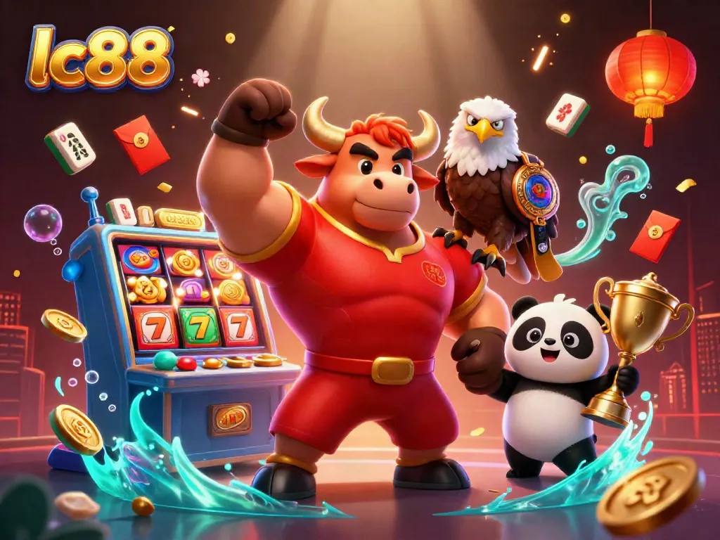 Play exciting casino games at lc88 with a dynamic victory scene featuring a strong bull mascot, eagle, and panda.