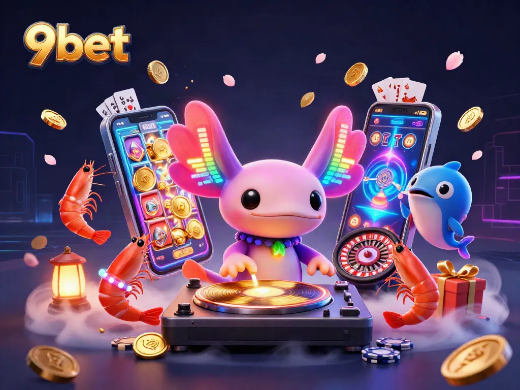 Experience 9bet in a vibrant 3D casino illustration with dynamic gaming elements and characters.