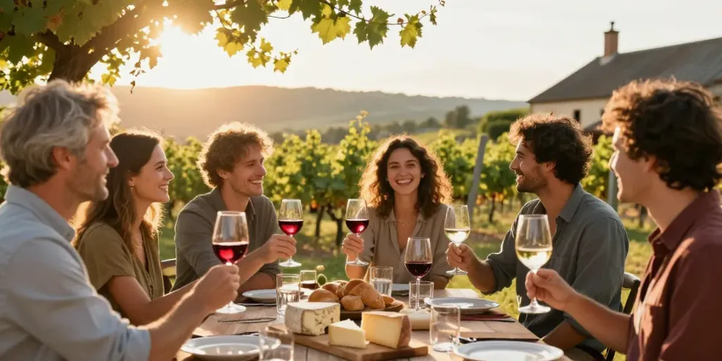 Freunde genießen Wein und entdecken Winzer in malerischer Weinlandschaft.