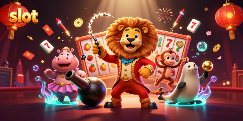 Spin the slot reels with vibrant characters and dynamic casino elements in a festive atmosphere.