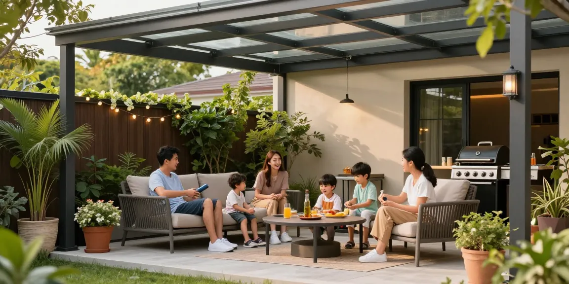 Terrassenüberdachung mit Familie auf der Terrasse an einem sonnigen Tag.