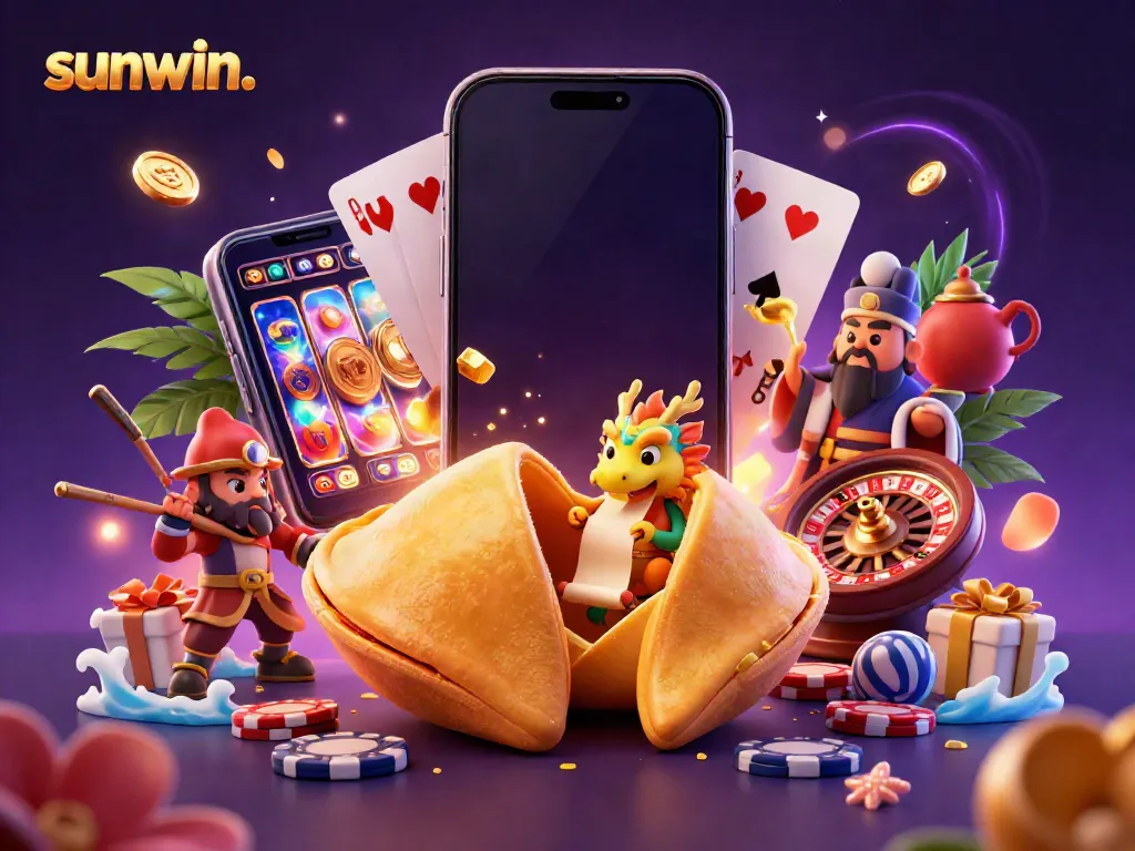 Engage with sunwin. in this vibrant 3D illustration featuring a golden fortune cookie, dragon, and dynamic gaming elements.