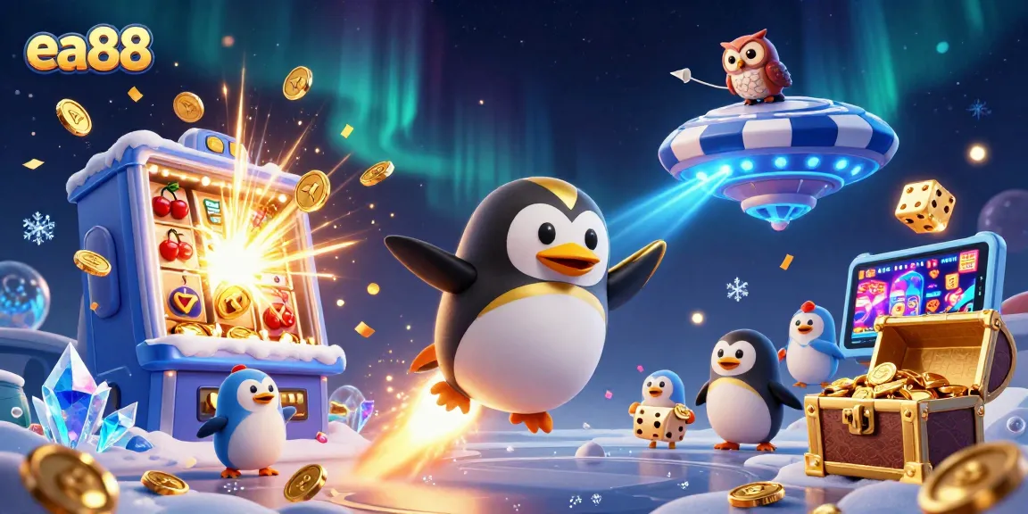Engage with thrilling games at ea88 by witnessing a golden penguin blasting through space towards a casino!