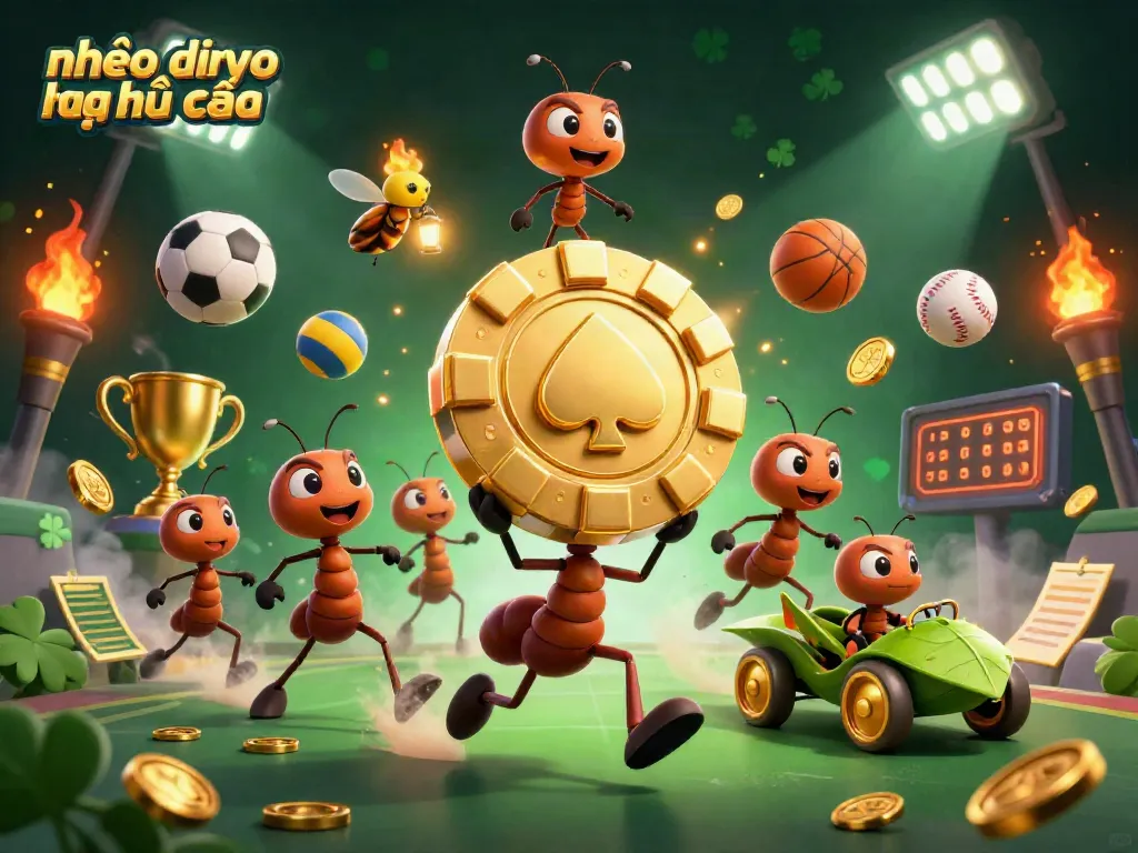 Engaging scene with ants carrying a giant poker chip for nhận định kèo nhà cái, surrounded by dynamic sports-themed elements.