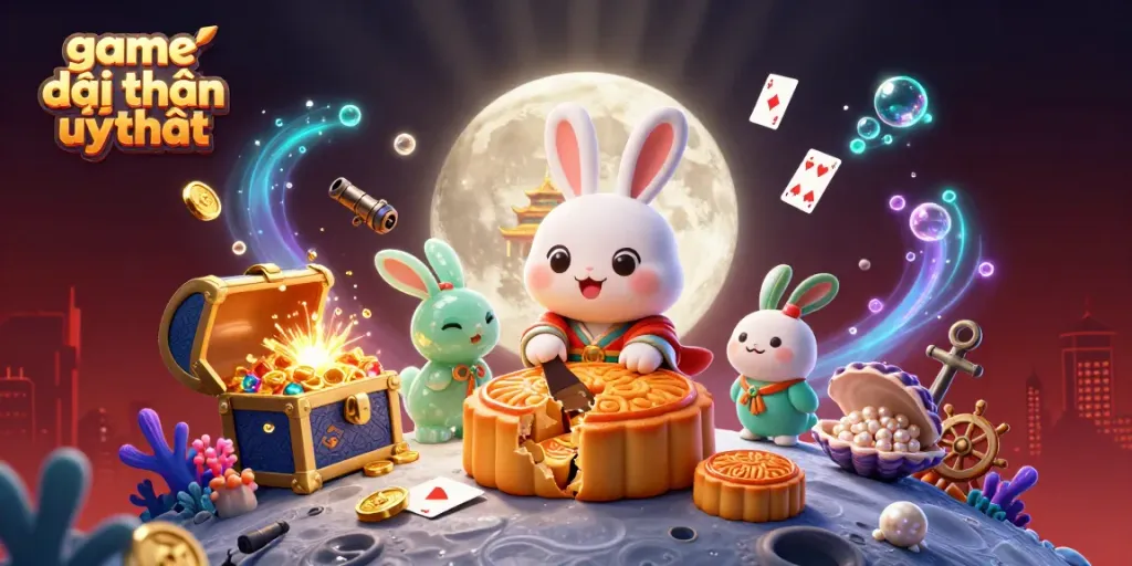 Explore game đổi thưởng uy tín with intriguing 3D moon rabbit characters and vibrant casino elements.