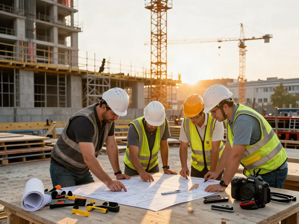 Arbeiter einer Baufirma Wien bei der Zusammenarbeit auf einer Baustelle in der Abendsonne