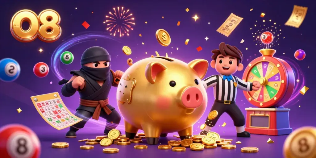 Engage in the excitement of O8 as a golden sumo piggy bank wrestler stomps among animated lottery balls and festive elements.