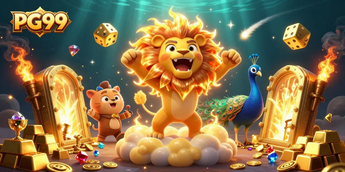 Join the excitement at PG99 with a vivid 3D scene of casino elements, sun lion, and treasure!