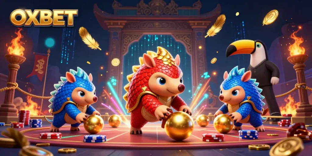 Experience the dynamic OXBET scene with battling pangolins, poker chips, and festive elements.