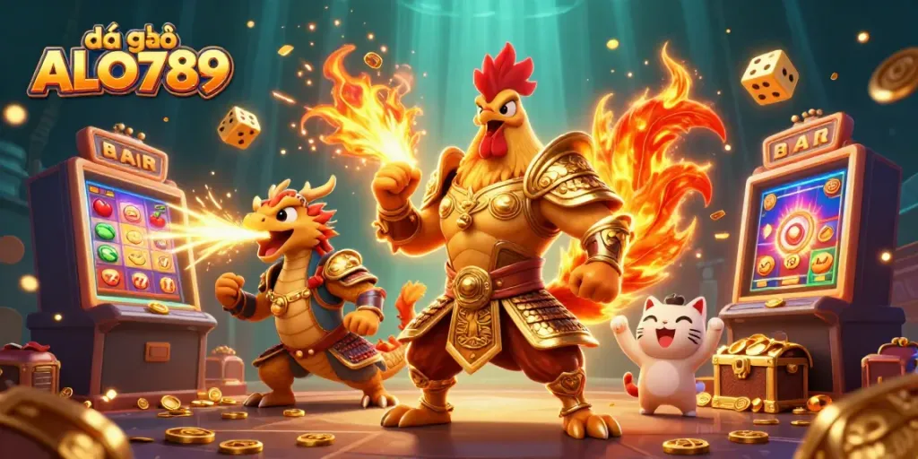 Experience the thrill of đá gà ALO789 with an energetic 3D scene featuring a rooster warrior and an armored dragon.